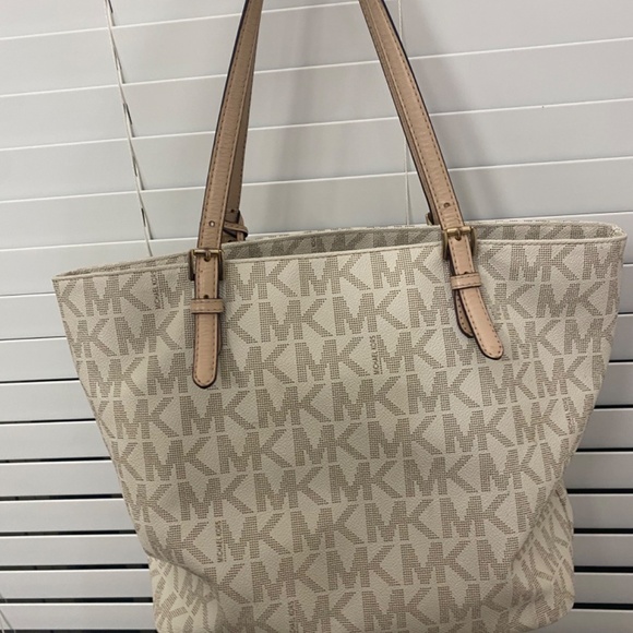 MK Cream and Tan Midsize Logo Tote - Picture 3 of 7